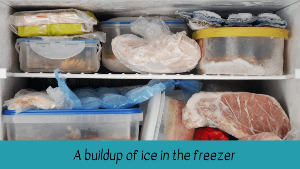 A buildup of ice in the freezer